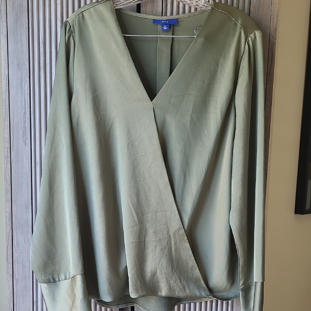 Green Wrap Blouse Long Sleeve